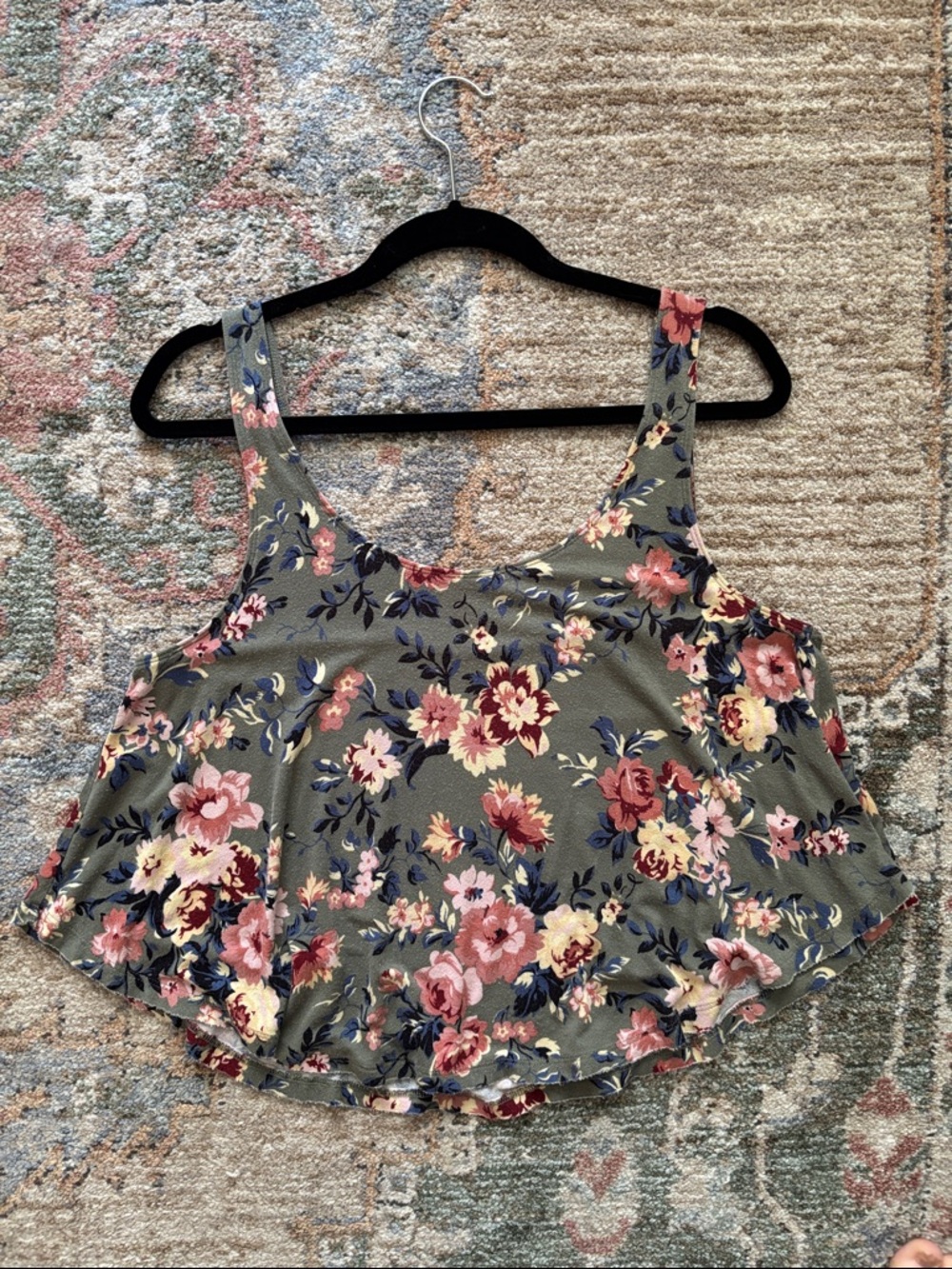 American Eagle Outfitters Olive Floral Swing Tank with Pink and Burgundy Blooms